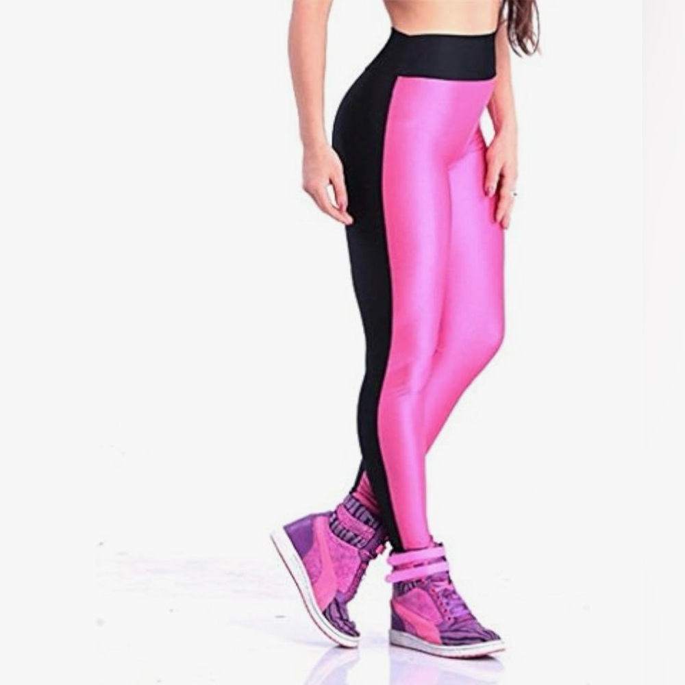 High Waist Stretch Skinny Spandex, Pink Black Colorblock Leggings, Slim Fit